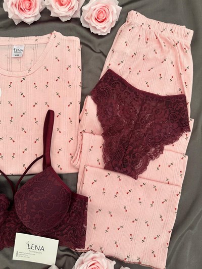 Pembe Lale Pamuklu Dörtlü Pijama Takımı