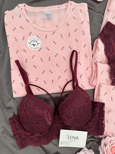 Pembe Lale Pamuklu Dörtlü Pijama Takımı