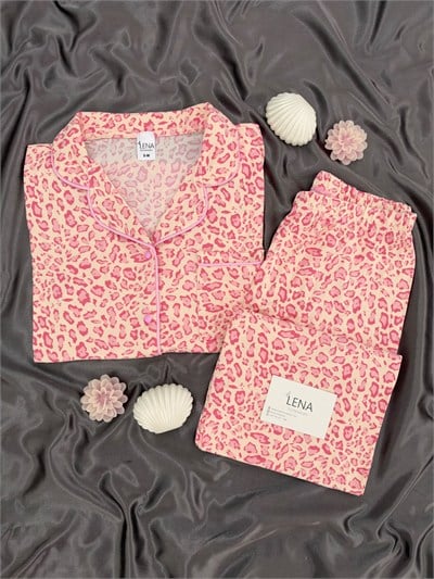 Pembe Leopar Desenli Ekru Milan Uzun Kollu Pijama Takımı