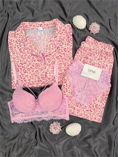 Pembe Leopar Desenli Ekru Milan Uzun Kollu Pijama Takımı