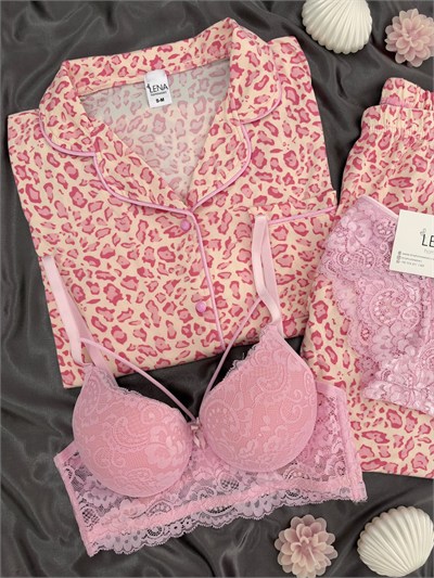 Pembe Leopar Desenli Ekru Milan Uzun Kollu Pijama Takımı