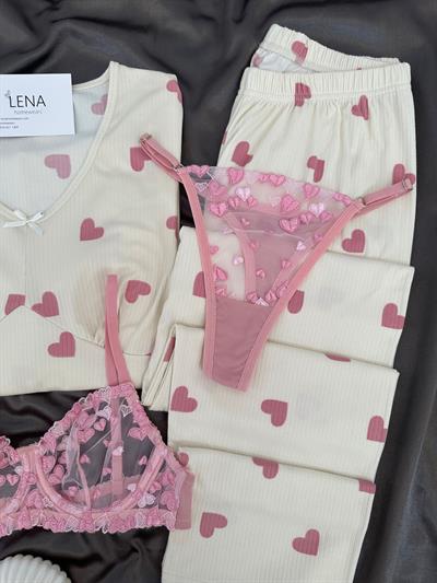 Pembe Marlyn Kalp Desenli Dörtlü Pijama Seti