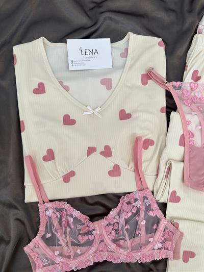 Pembe Marlyn Kalp Desenli Dörtlü Pijama Seti