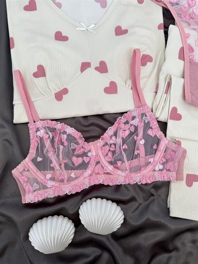 Pembe Marlyn Kalp Desenli Dörtlü Pijama Seti