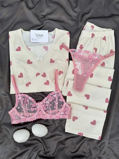 Pembe Marlyn Kalp Desenli Dörtlü Pijama Seti