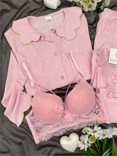 Pembe Nakış 4lü Pijama & Çamaşır Seti