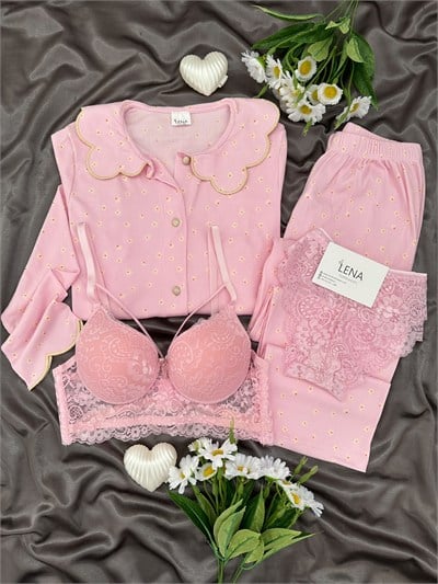 Pembe Nakış 4lü Pijama & Çamaşır Seti