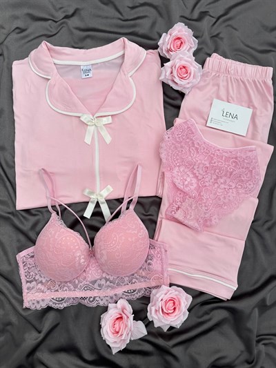 Pembe Önden Fiyonk 4lü Pijama Takımı