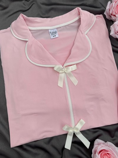 Pembe Önden Fiyonk 4lü Pijama Takımı