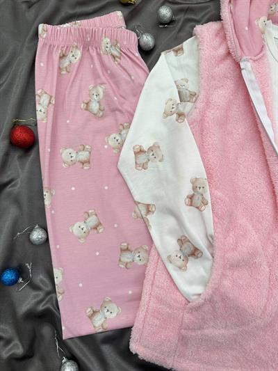 Pembe Peluş Yelekli 3lü Takım
