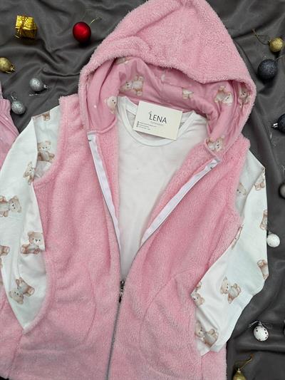 Pembe Peluş Yelekli 3lü Takım
