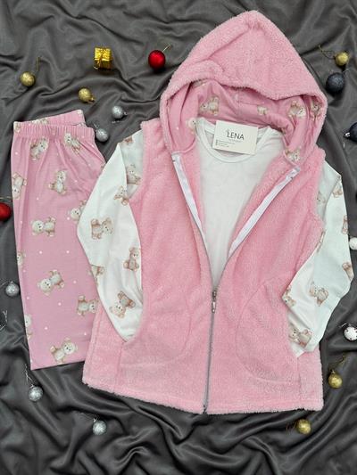 Pembe Peluş Yelekli 3lü Takım