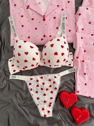 Pembe Süet Kalpli Dörtlü Pijama Seti