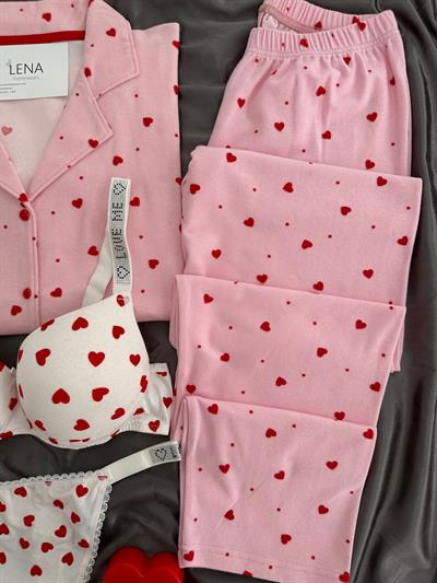 Pembe Süet Kalpli Dörtlü Pijama Seti