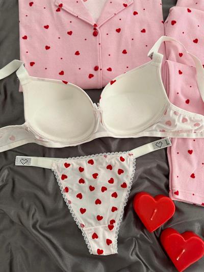 Pembe Süet Kalpli Dörtlü Pijama Seti