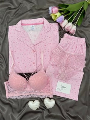Pembe Yıldız Desenli 4lü Termosoft Pijama Takımı