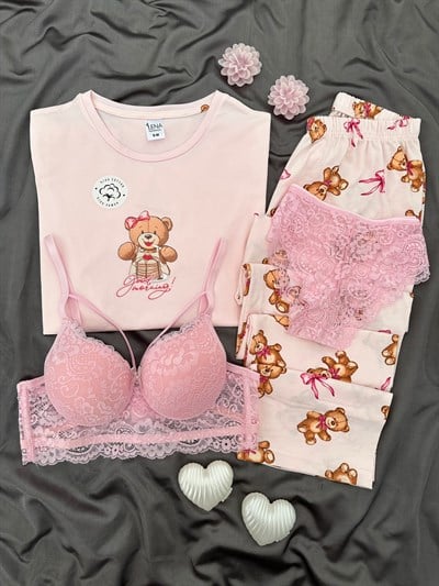 Pofuduk Pamuk Dörtlü Pijama & Çamaşır Set