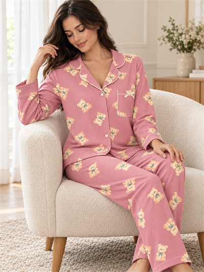 Pudra Ayıcık Uzun Kollu Termosoft 4lü Pijama Takımı