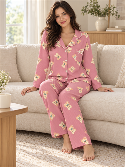 Pudra Ayıcık Uzun Kollu Termosoft 4lü Pijama Takımı