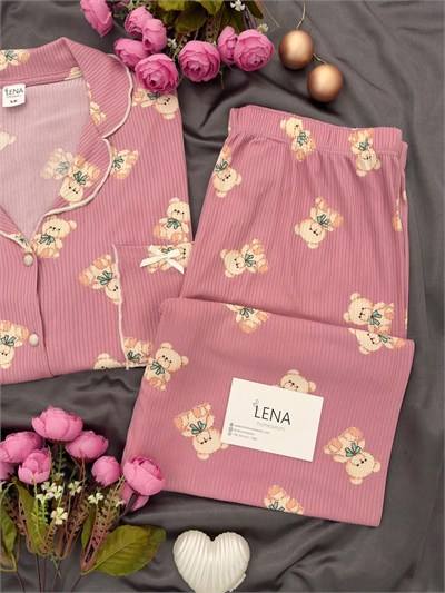 Pudra Ayıcık Uzun Kollu Termosoft Pijama Takımı