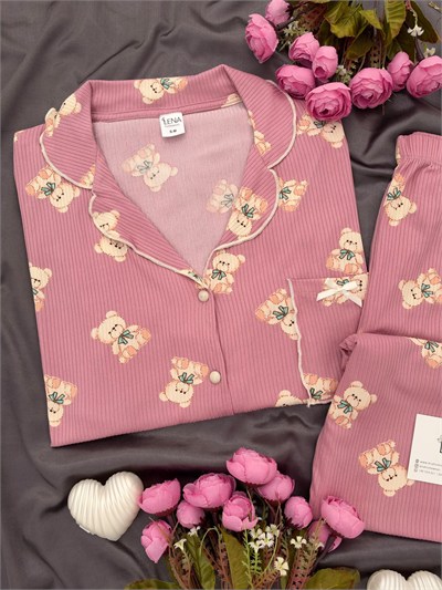 Pudra Ayıcık Uzun Kollu Termosoft Pijama Takımı