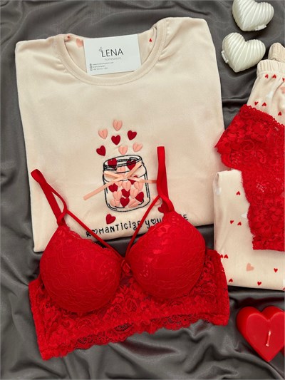 Pudra Kalp İşlemeli 4lü Fransız Kadife Pijama Takımı
