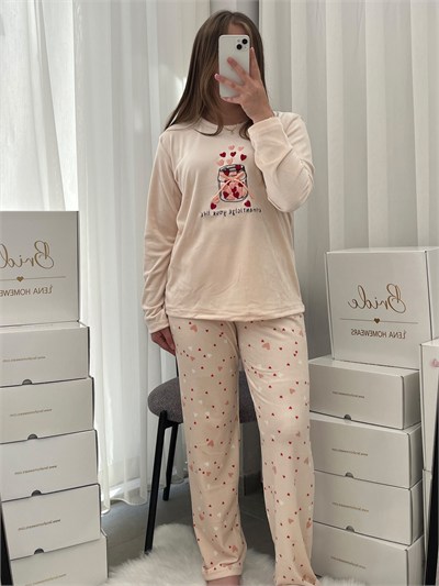 Pudra Kalp İşlemeli 4lü Fransız Kadife Pijama Takımı
