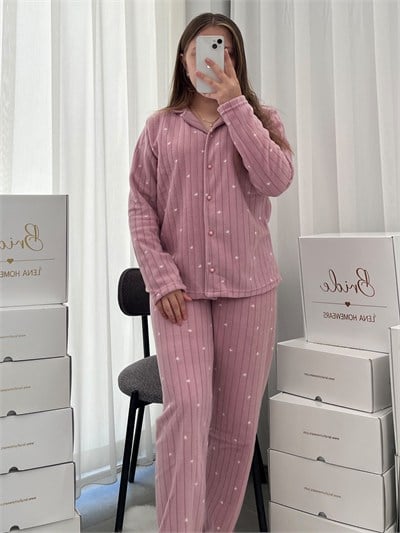Pudra Kalplı Polar Pijama Takımı