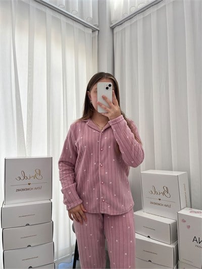 Pudra Kalplı Polar Pijama Takımı