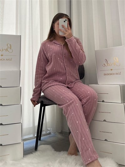 Pudra Kalplı Polar Pijama Takımı