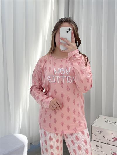 Pudra Yaprak Desenli Sofya Pijama Takımı