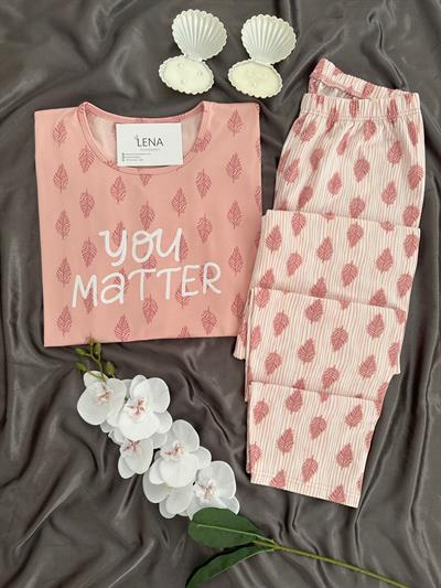 Pudra Yaprak Desenli Sofya Pijama Takımı
