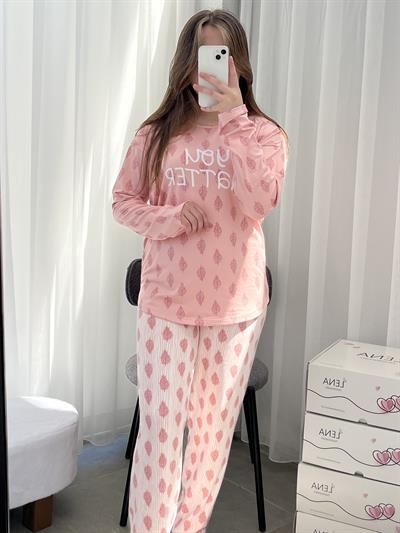 Pudra Yaprak Desenli Sofya Pijama Takımı