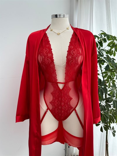 Redlove Kırmızı Taş Detaylı Tulum & Sabahlık & Çorap 3lü Takım 