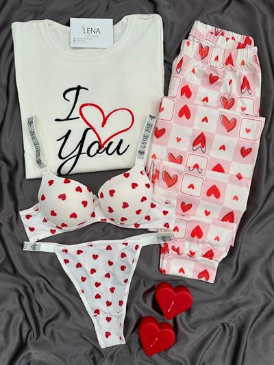 Romantik Sevgilim Dört Parça Pijama Çamaşır Seti