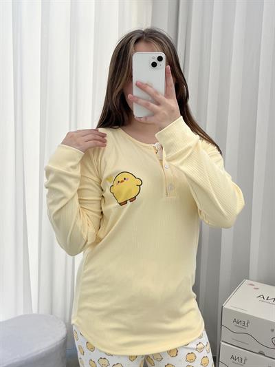 Sarı Civciv Desenli Patlı Uzun Kollu Pijama Takımı