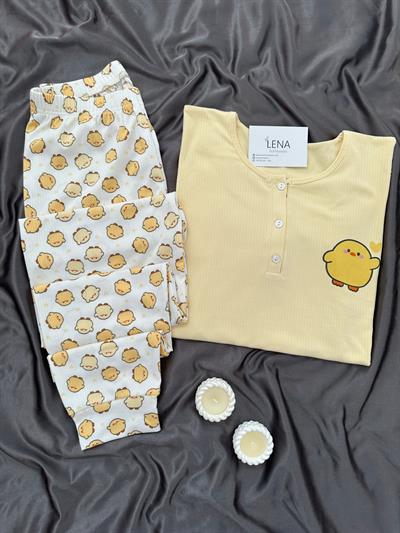 Sarı Civciv Desenli Patlı Uzun Kollu Pijama Takımı