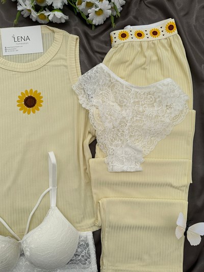 Sarı Dörtlü Miray Askılı Pijama Takımı