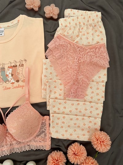 Şeftali Pamuk Dörtlü Pijama & Çamaşır Seti 