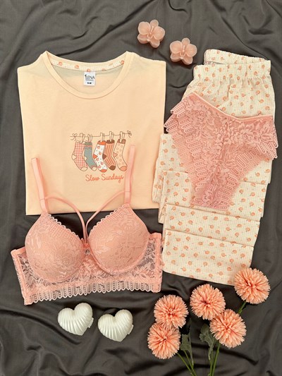 Şeftali Pamuk Dörtlü Pijama & Çamaşır Seti 