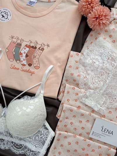Şeftali Pamuk Dörtlü Pijama & Çamaşır Seti 