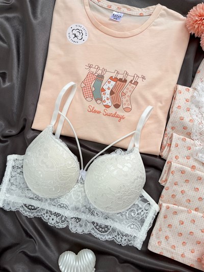 Şeftali Pamuk Dörtlü Pijama & Çamaşır Seti 