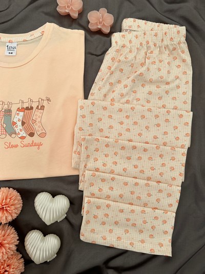 Şeftali Pamuk Kısa Kollu Pijama Takımı