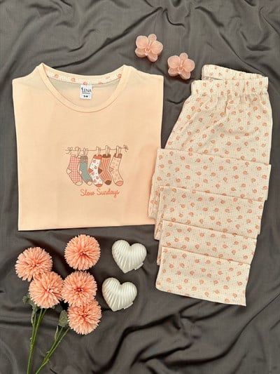 Şeftali Pamuk Kısa Kollu Pijama Takımı