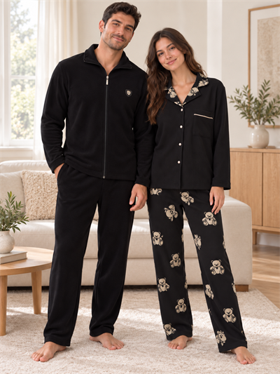 Siyah Ayıcık & Boydan Fermuarlı Sevgili Çift Uzun Kollu Pijama Takımı (2Lİ SET)