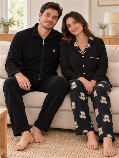 Siyah Ayıcık & Boydan Fermuarlı Sevgili Çift Uzun Kollu Pijama Takımı (2Lİ SET)