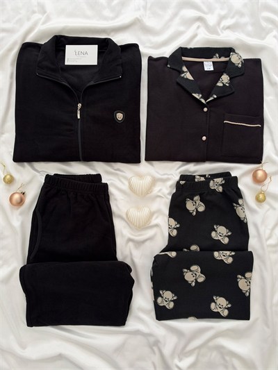 Siyah Ayıcık & Boydan Fermuarlı Sevgili Çift Uzun Kollu Pijama Takımı (2Lİ SET)