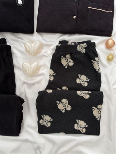 Siyah Ayıcık & Boydan Fermuarlı Sevgili Çift Uzun Kollu Pijama Takımı (2Lİ SET)