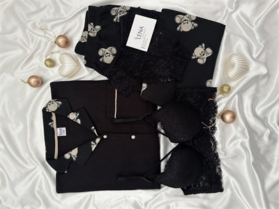 Siyah Ayıcık Desenli 4lü Düğmeli Waffle Pijama Takımı