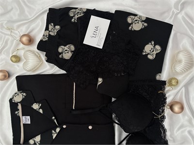 Siyah Ayıcık Desenli 4lü Düğmeli Waffle Pijama Takımı